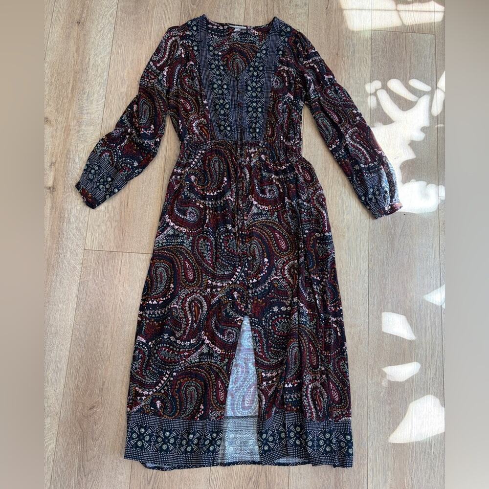 Knox Rose Boho Paisley Midi Dress Navy Red Floral Print Button Front Small - Picture 5 of 10